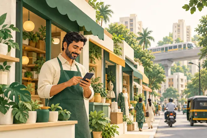 Neighborhood business owner checking a mobile campaign